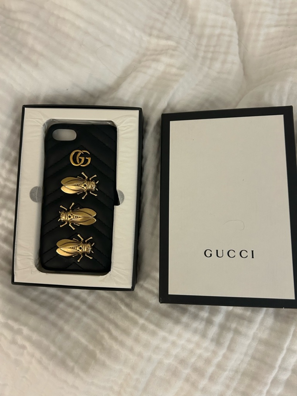 Gucci Black Quilted Phone Case with Gold Bee & Double G Accents